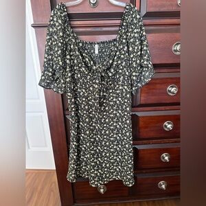 Black Floral Print Sundress XL Butterfly Sleeve Elastic Back Side Zip NWT
